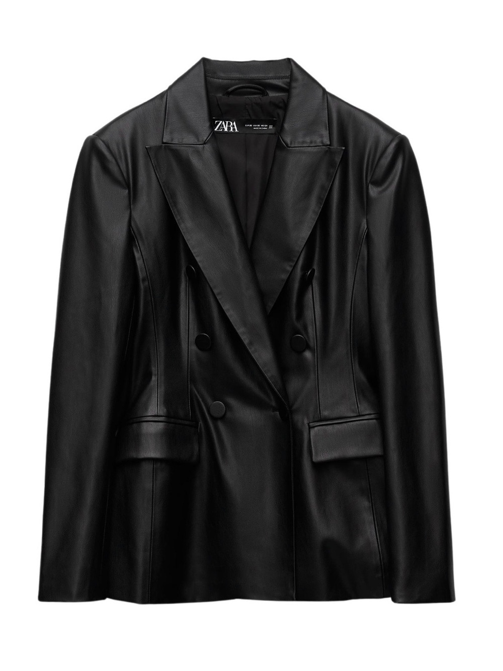 Zara Black Double-Breasted Faux Leather Blazer Jacket